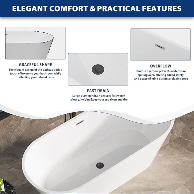 Sarlai 67 Inch Acrylic Freestanding Soaking Bathtub Contemporary Soaking White - Image 6