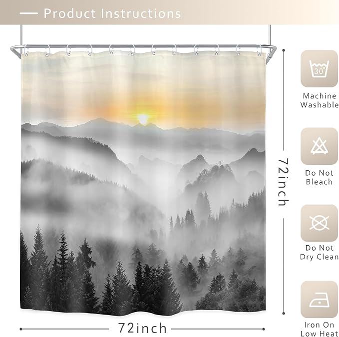 Riyidecor Misty Mountain Shower Curtain 72Wx72H Inch Black Sunrise Foggy - Image 5