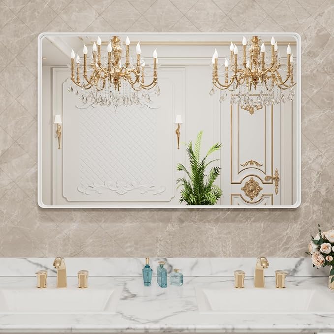 LOAAO 48x32 Inch White Metal Framed Bathroom Mirror - Image 8