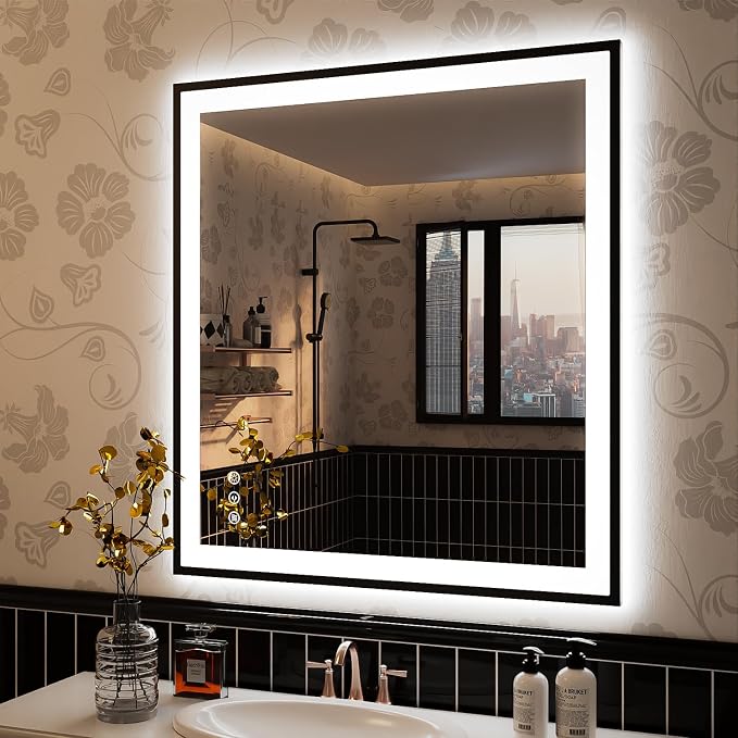 ISKM Framed LED Mirror for Bathroom 36"x32", Dimmable LED Bathroom Mirror by ISKM-IStillKeepMovin