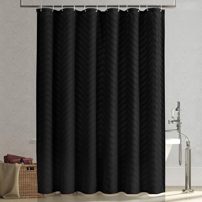 Extra Long Black Boho Shower Curtain 96 Inch Black Tufted Chevron Striped - Image 7
