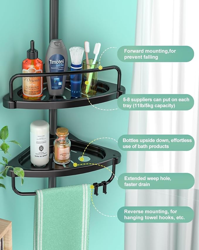 ADOVEL 4 Layer Corner Shower Caddy, Stainless Steel Constant Tension Pole - Image 4
