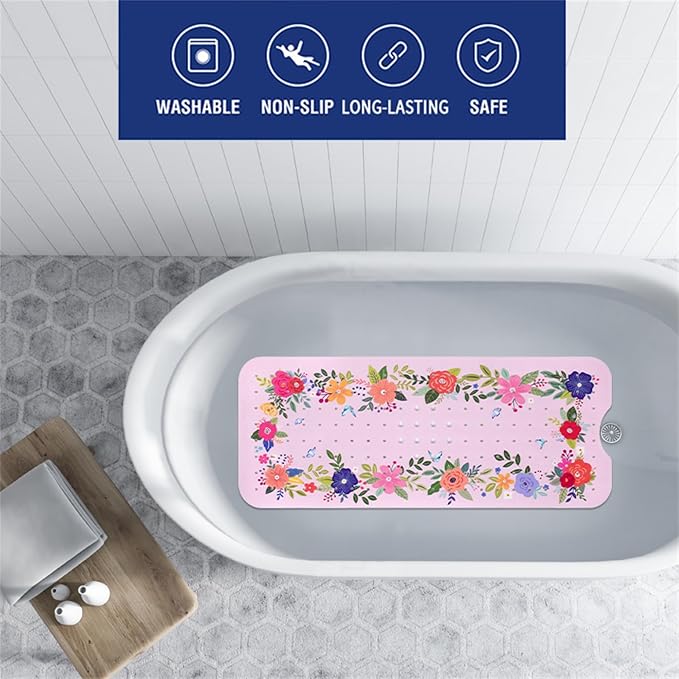 Pink Floral Bathtub Mat Non Slip - Image 2