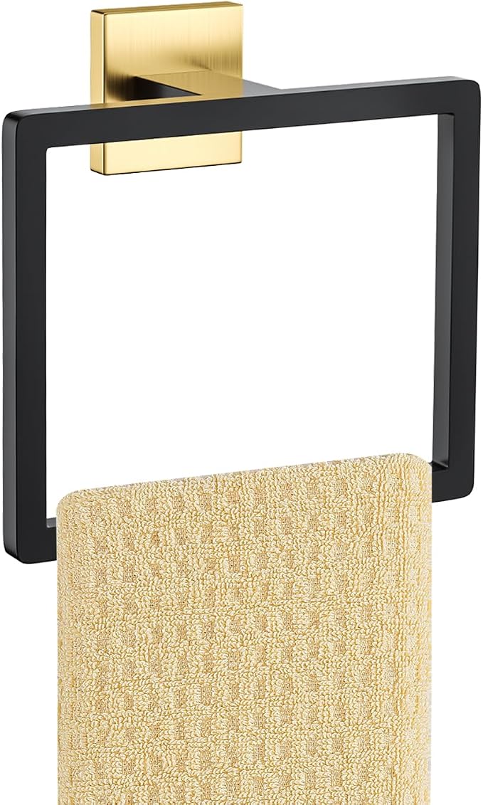 Black and Gold Towel Ring Square Hand Towel Holder Towel Hanger Bathroom by Kiakuoow