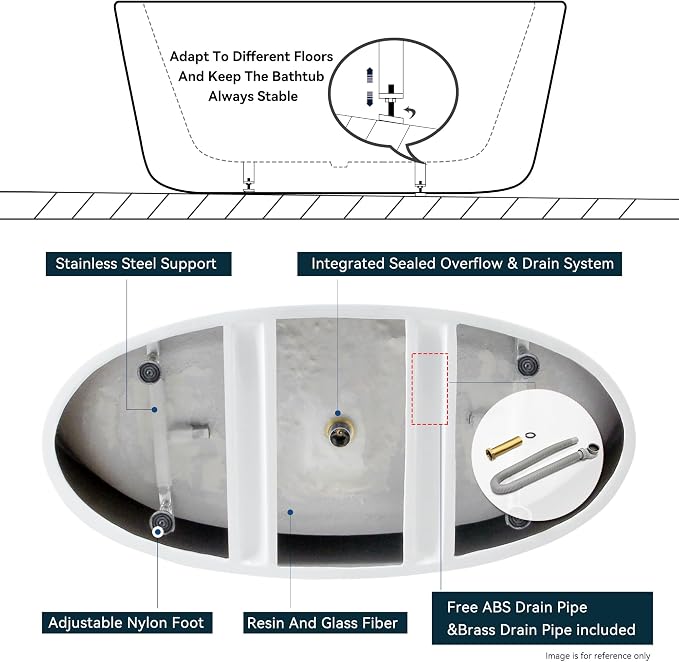 FerdY Naha Elite 59" Acrylic Freestanding Bathtub, Curve Edge Freestanding - Image 5