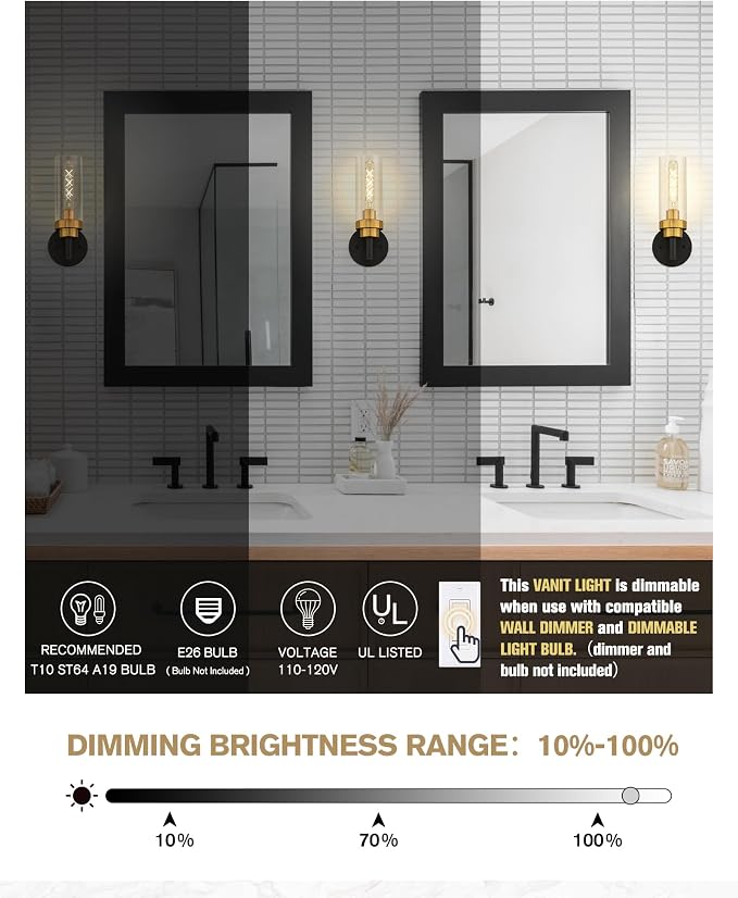 Emak Black and Gold Sconces Wall Decor Set of 2, Bathroom Vanity Light - Image 2