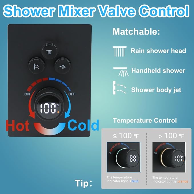 Solid Brass Shower Mixer Valve, Concealed 3 Way Outlet LED Digital Display - Image 2