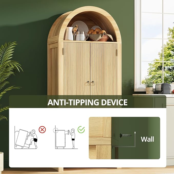 71" Tall Arched Kitchen Pantry, Wood Kitchen Storage Cabinet - Image 6