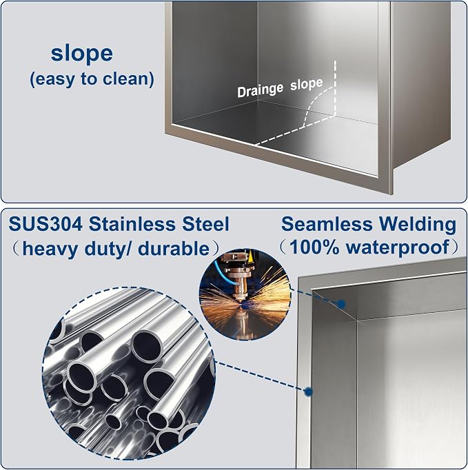 Neodrain No Tile Shower Niche, Stainless Steel Wall Niche 13.1"X25.1", Two-Tier - Image 8