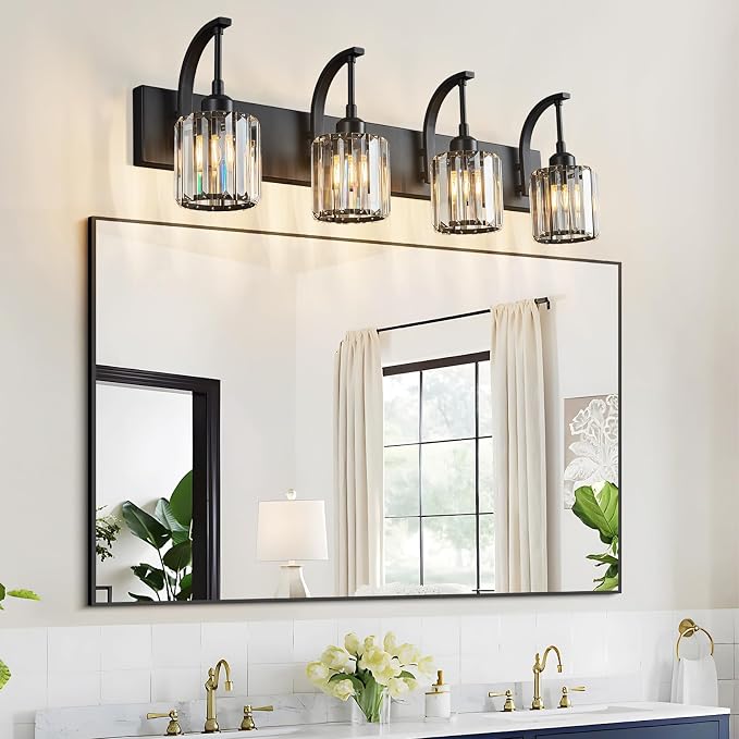 4-Light Crystal Vanity Light, Modern Black Bathroom Wall Sconce - Image 6
