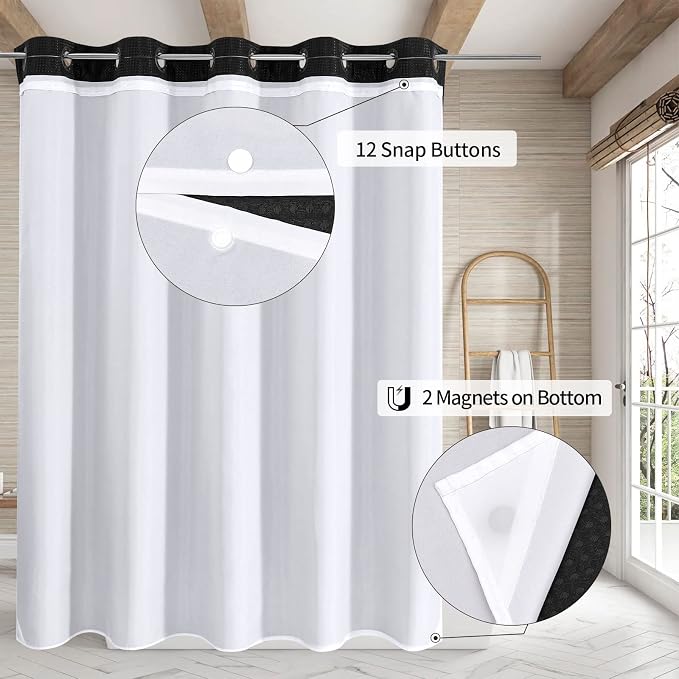 MitoVilla Black Waffle Long Shower Curtain Liner Set 72 x 80, No Hooks Required - Image 2