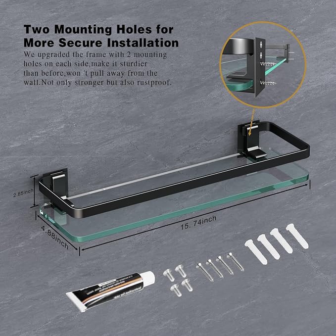 VOLPONE Bathroom Wall Shelf 15.7in Bathroom Glass Shelves Wall Mount Glass - Image 2