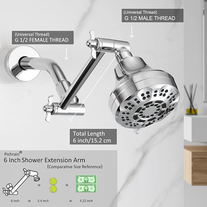 6 Inch Adjustable Shower Head Extension Arm, All-Metal Shower Arm Extender - Image 2