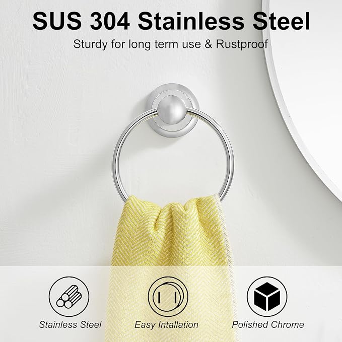 BESy Polished Chrome Bathroom Hand Towel Ring Towel Holder, Rustproof Wall - Image 2