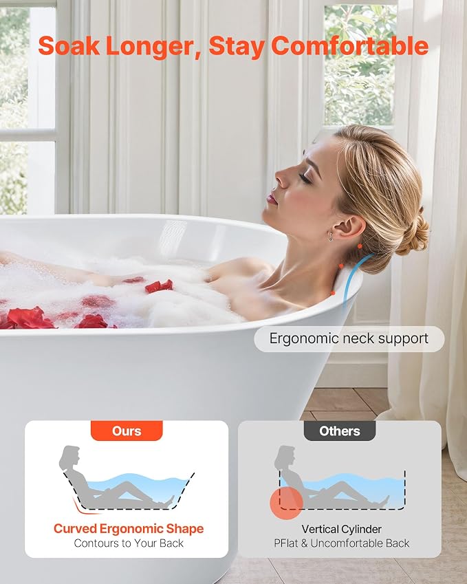 VEVOR Acrylic Freestanding Bathtub, 59 Inch Contemporary Soaking White Tub - Image 3