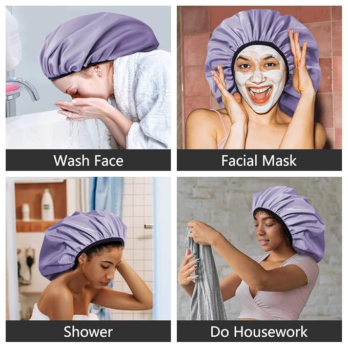Auban Extra Large Shower Cap, Double-Layer Waterproof Reusable Satin Lining - Image 8