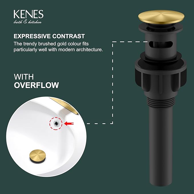 KENES Brushed Gold Pop Up Bathroom Sink Drain - Image 3