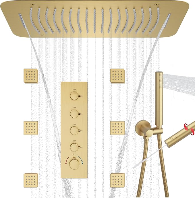 Thermostatic Shower System Brushed Gold Shower Faucet Set by KATAIS