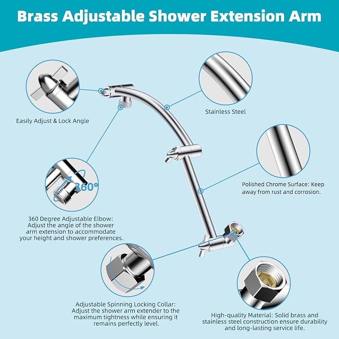 Hibbent Rain Filtered Shower Head, Solid Brass Adjustable Shower Arm Extender - Image 7