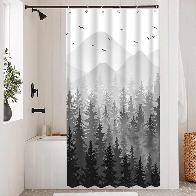 Aipon Black Misty Forest Shower Curtain Gray Ombre Nature Tree Plants Shower - Image 2