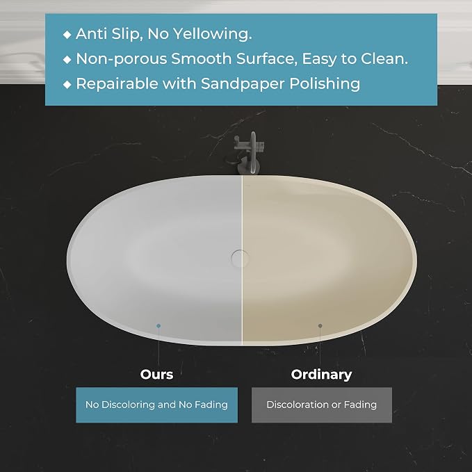 Upgraded 61" Solid Surface Freestanding Bathtub, Oval Stone Resin Tub - Image 8