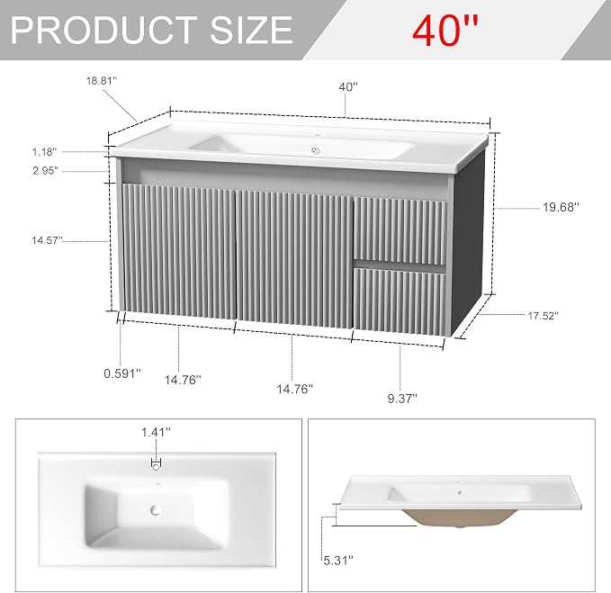 Floating Bathroom Vanity with Sink, 40 Inch Wall Mounted Bathroom Vanity with 2 - Image 2