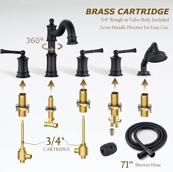 Roman Tub Faucet Set With Handheld Shower 5 Hole Deck Mount Tub Filler With - Image 5
