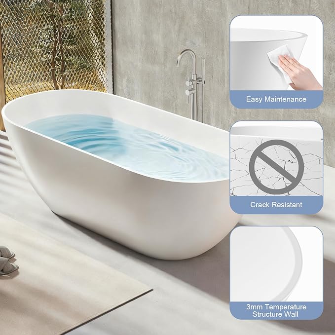 63 Inch Solid Surface Freestanding Bathtub, Oval Shaped Soaking Stone Resin - Image 4