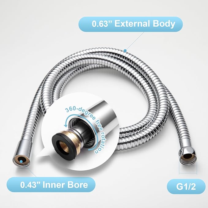 OFFO Shower Hose High Flow 0.43” Large Bore, 100 in Kink Free Stainless Steel - Image 6