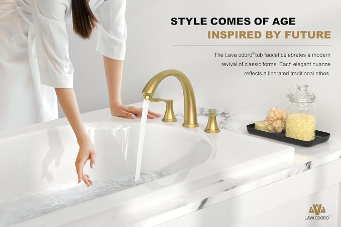 Lava Odoro Brushed Gold Roman Tub Faucet, 2 Handle Bathtub Faucet - Image 2