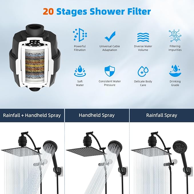 Hibbent All Metal 12'' Filtered Rainfall Shower Head Combo, High Pressure - Image 7