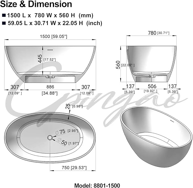 Cpingao 59" Freestanding Bathtub, Oval Shaped Stone Resin Freestanding Tubs - Image 6
