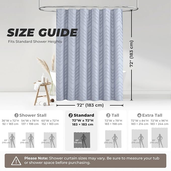 Light Blue Boho Fabric Shower Curtain Tufted Chevron Striped Textured Cloth - Image 8