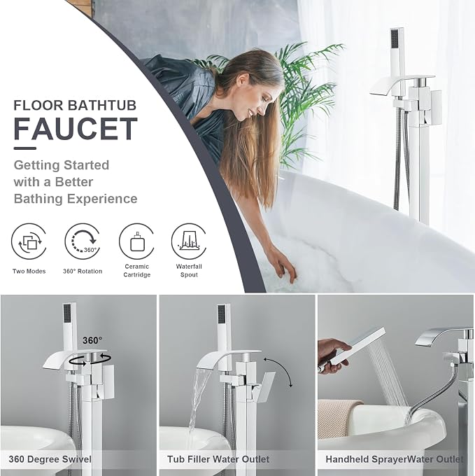 Senlesen Bathroom Chrome Freestanding Tub Faucet Floor Mounted Bathtub Shower - Image 2