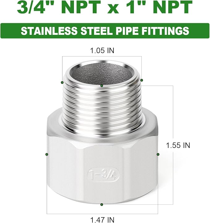 TAISHER 5PCS 304 Stainless Steel Pipe Fitting, 3/4" NPT Male x 1" NPT Female - Image 2