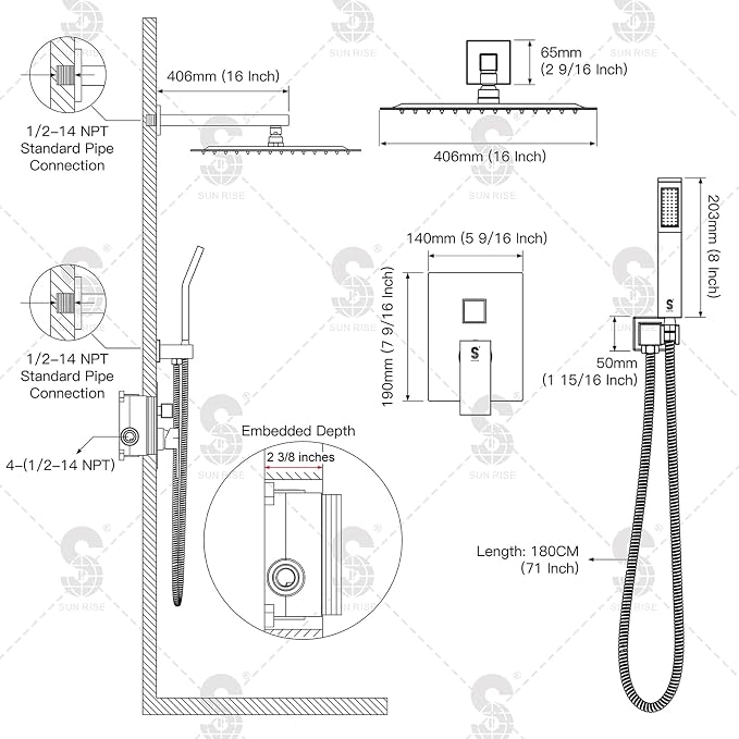 SR SUN RISE Polished Chrome Square Rainfall Shower Head and Handle Set - Image 3