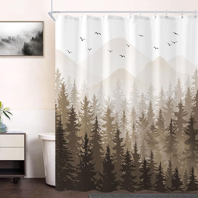 Aipon Brown Misty Forest Shower Curtain Ombre Nature Tree Plants Shower - Image 5