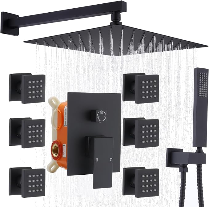 Enga Shower System with Body Jets, 12 Inch Wall Mount Rainfall Shower System by Enga