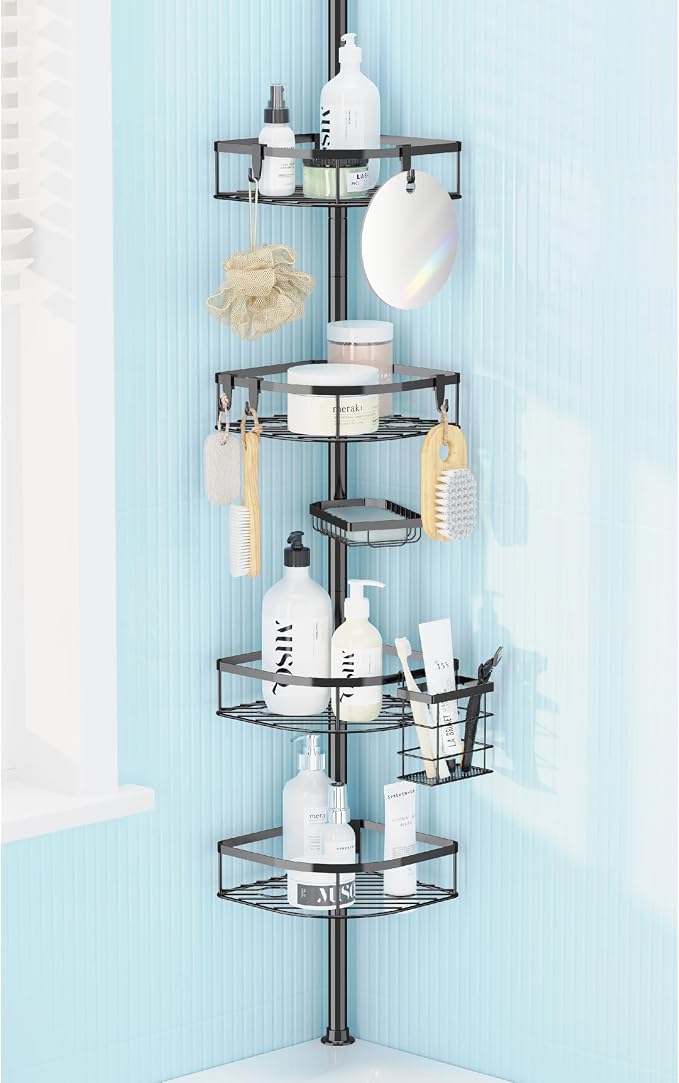 Shower Caddy Tension Pole, 4-Tier Adjustable Corner Shower Standing Caddy by HomePage