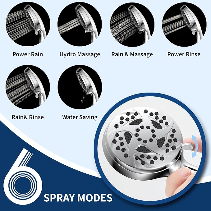 Hand Held Shower Head, High Pressure 6 Spray Mode Handheld Showerhead, Chrome - Image 2