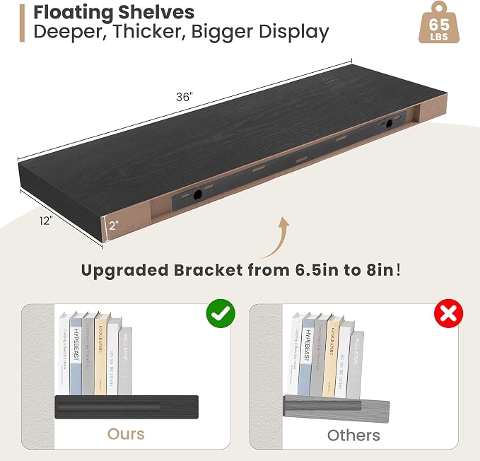 Heimlove 12" Deep Floating Shelves, 36 x 12 Inch Wall Mounted Long Floating - Image 3
