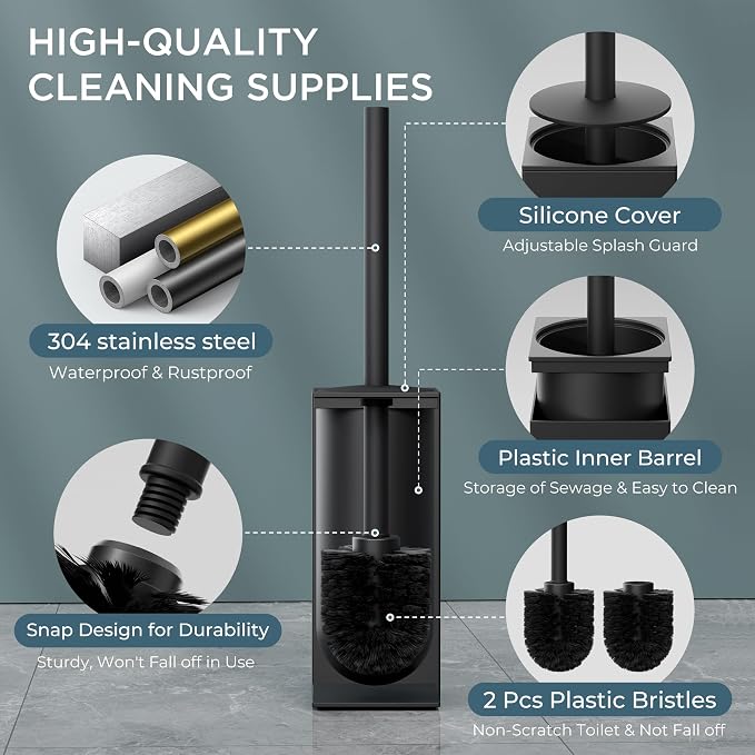 FORIOUS Toilet Brush and Holder Set, Heavy Duty 304 Stainless Steel Base Square - Image 7