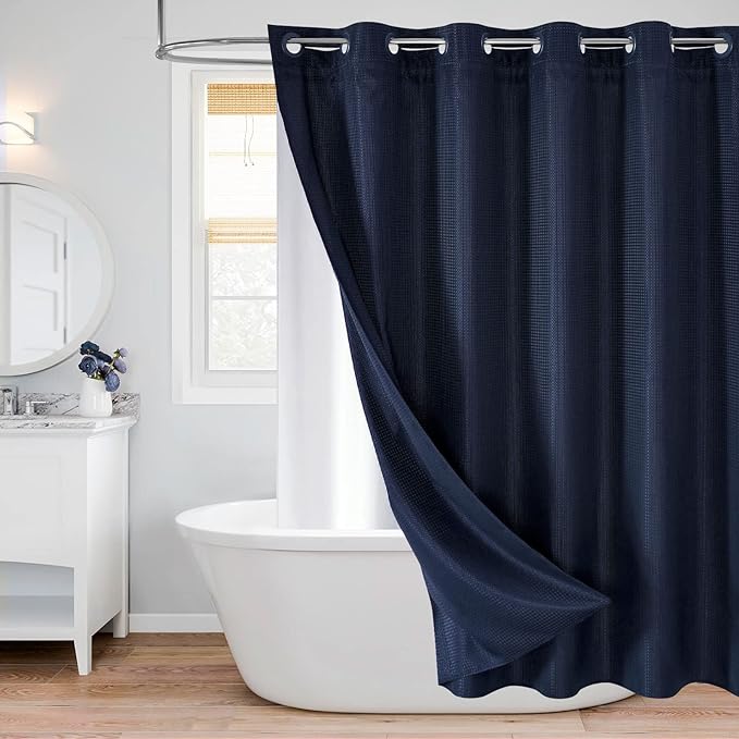 MitoVilla Navy Blue Waffle Long Shower Curtain Liner Set 72 x 80, No Hooks by MitoVilla