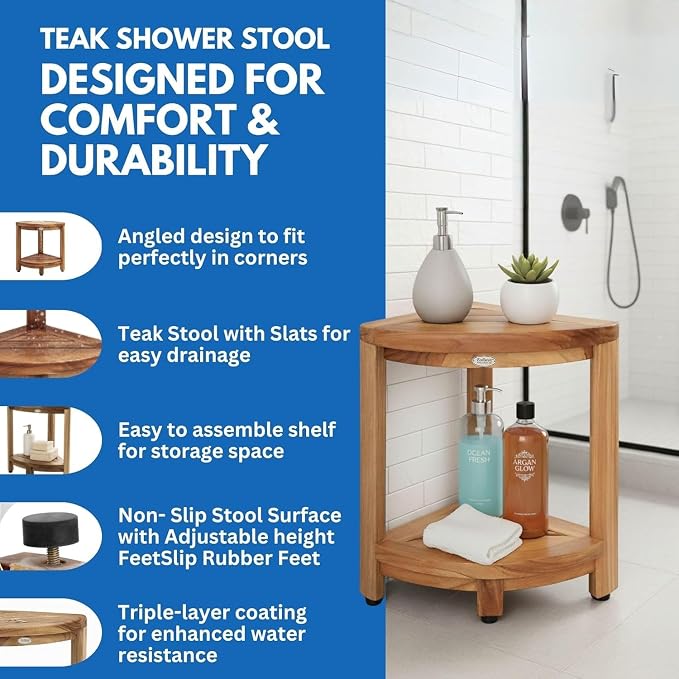 EcoDecors Fully Assembled SnazzyCorner® 18" Teak Shower Bench, Corner Shower - Image 6