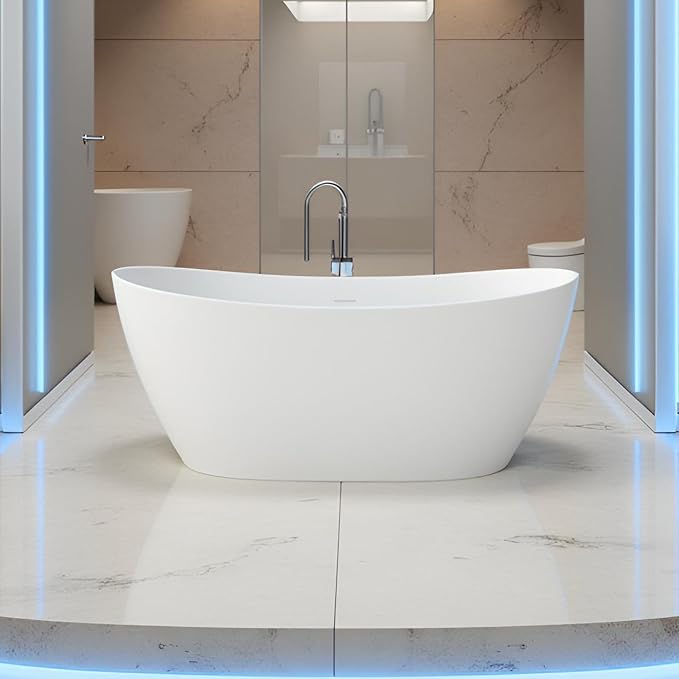 55'' High-back Freestanding Solid Surface Resin Stone Bathtub, Freestanding Tub - Image 9