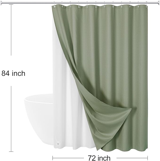 3 in 1 Extra Long Shower Curtain Set-72 W x 84 H, Sage Green Waffle and PEVA - Image 8