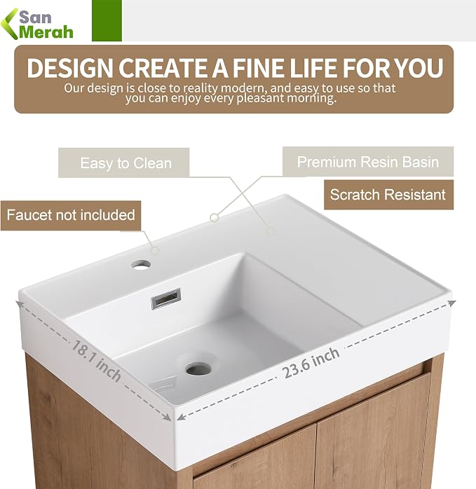 24 inch Bathroom Vanity with Sink, Bathroom Vanity Cabinet W/Resin Sink - Image 2