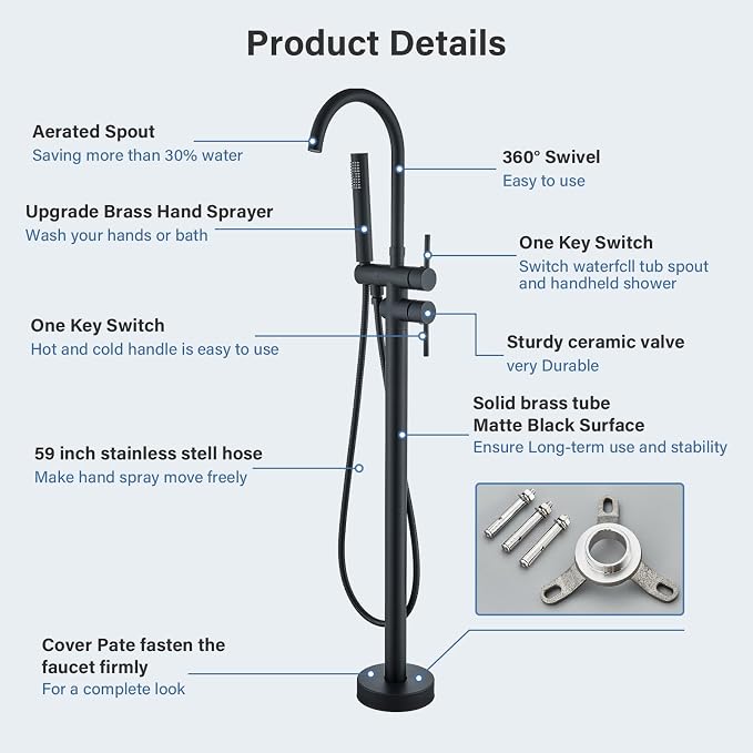 Freestanding Bathtub Faucet Matte Black Floor Mounted Tub Filler - Image 3