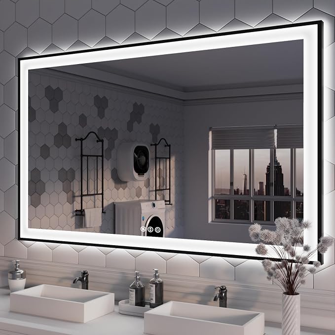 ISKM Framed LED Mirror for Bathroom 57"x36", Dimmable LED Bathroom Mirror by ISKM-IStillKeepMovin