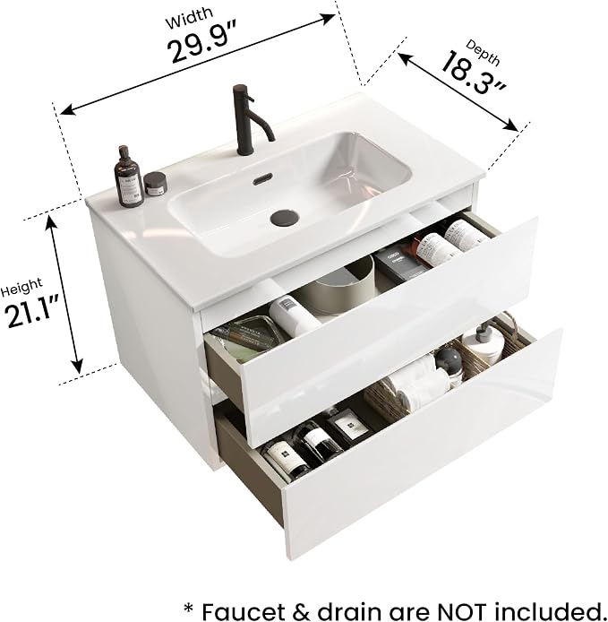 30" Bathroom Vanity with Sink, Modern Floating Vanity with Double Soft Closing - Image 2